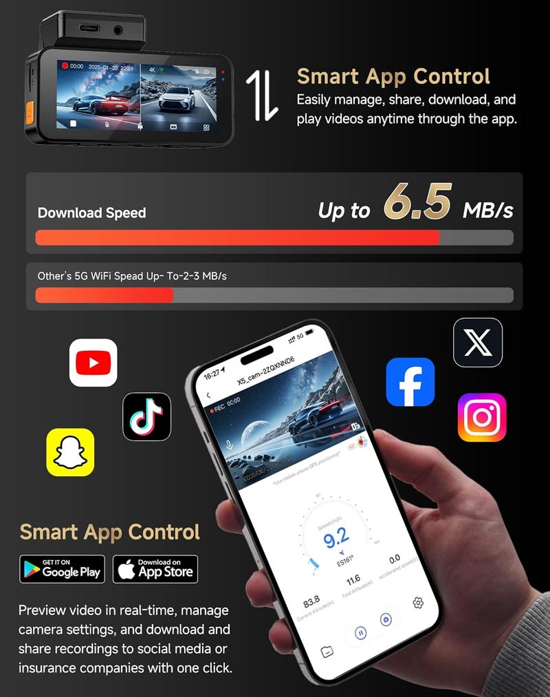 virrow Dash Cam Front and Rear: 4K+2.5K Dash Camera for Cars with Touch Screen 3.39" - Dashcam with WiFi APP Control 64GB Parking Mode Night Vision Loop Recording Emergency Lock (X5) - Image 5